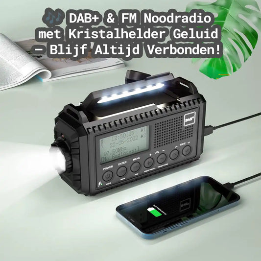 DAB+ noodradio met krachtige zaklamp & leeslamp β 2 helderheidsniveaus voor outdoor & noodsituaties