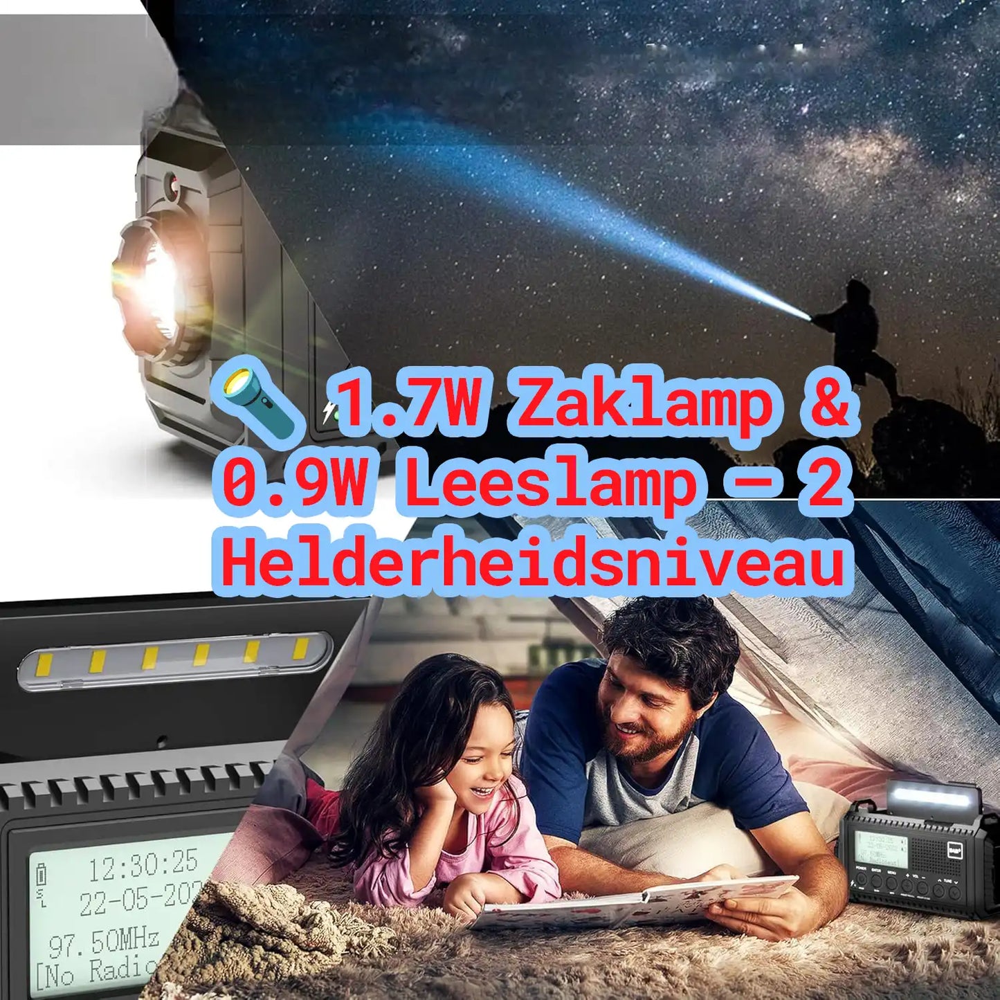 DAB+ noodradio met 1.7W zaklamp & 0.9W leeslamp β 2 helderheidsniveaus voor outdoor & noodsituaties