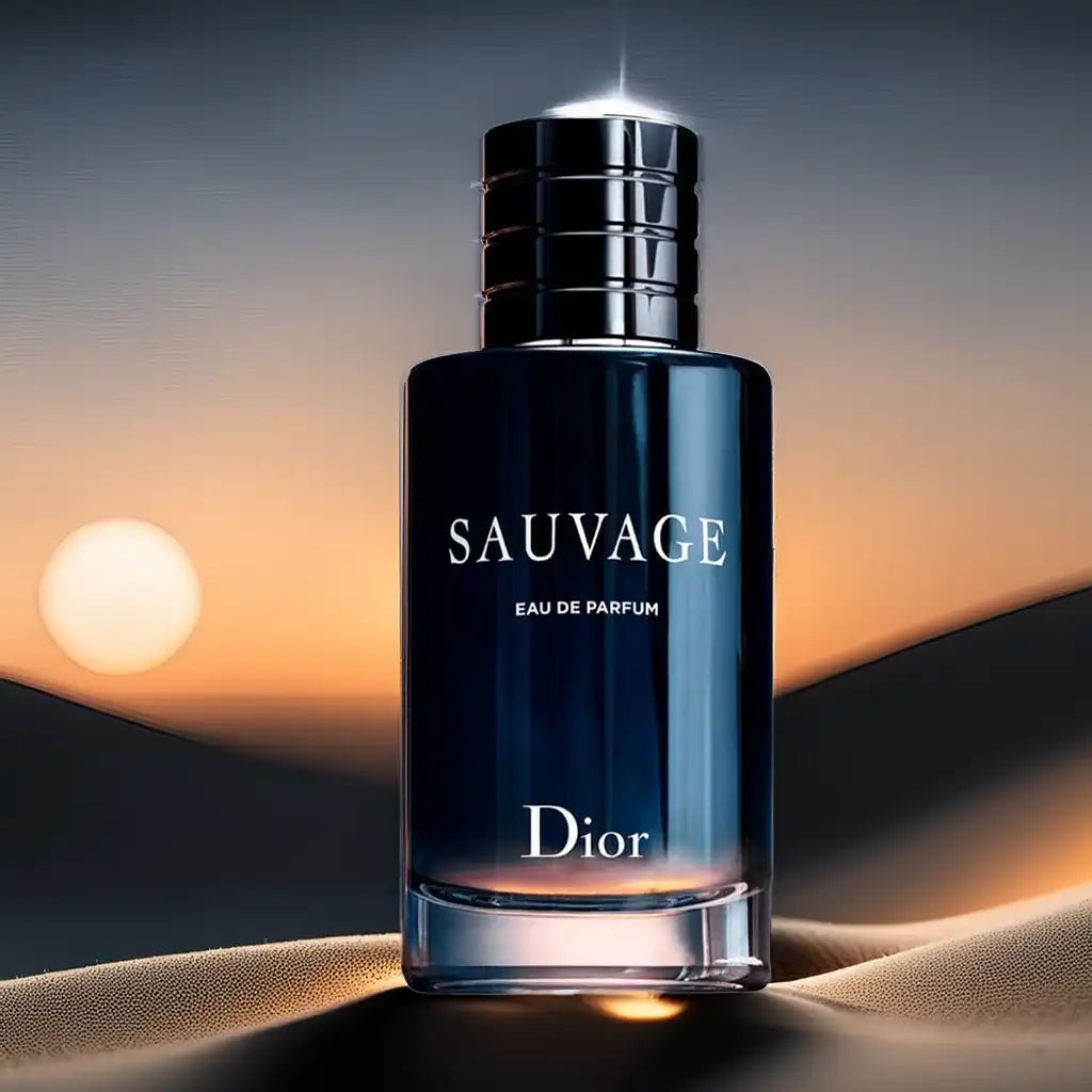 Dior Sauvage flesje bij zonsondergang in woestijn, luxe presentatie met warme kleuren