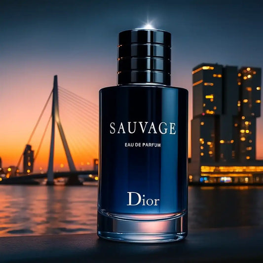 Dior Sauvage EDP 100ml parfumfles met Rotterdam skyline bij zonsondergang