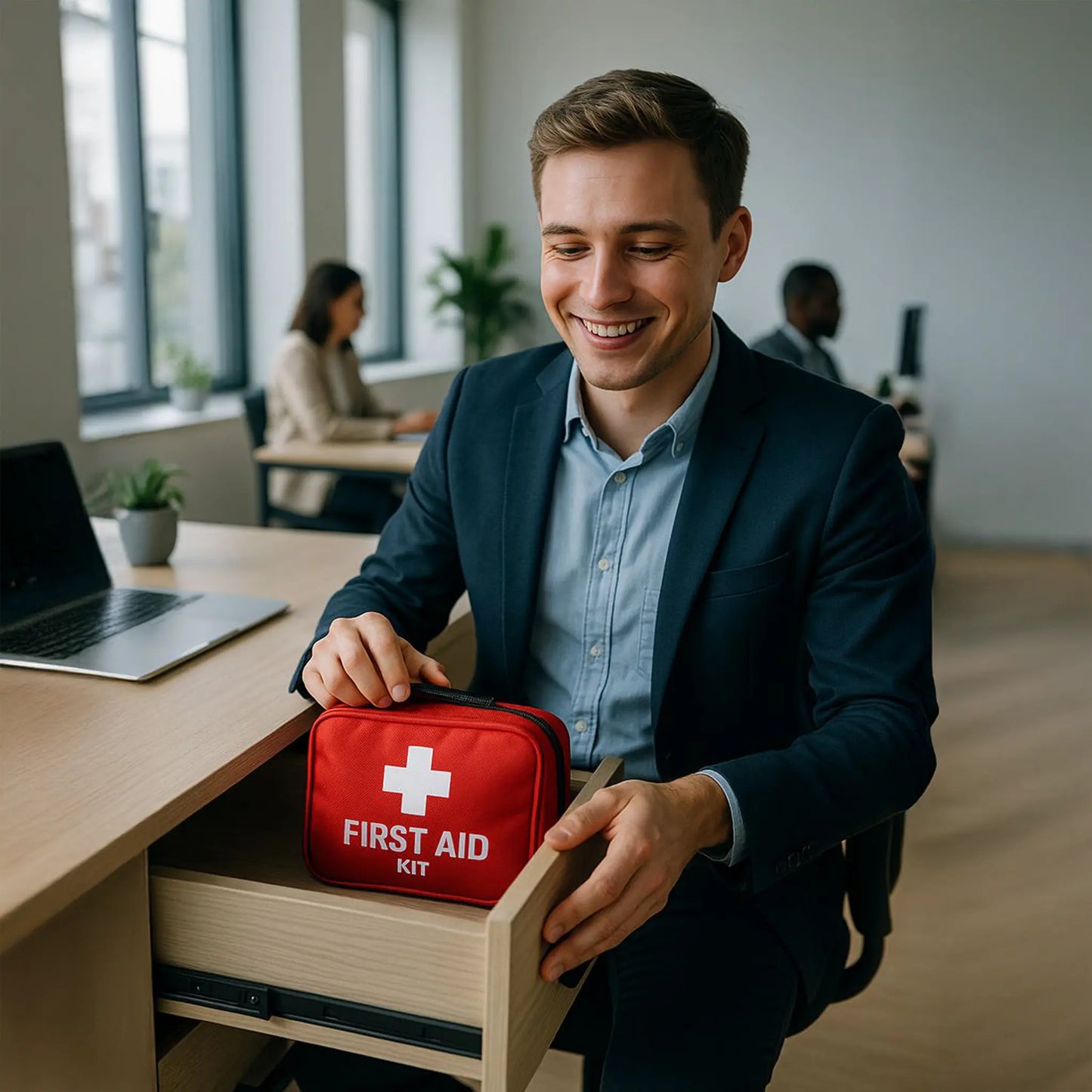 Medewerker in modern kantoor opent bureaulade met rode EHBO-kit voor bedrijfshulpverlening en voorbereiding