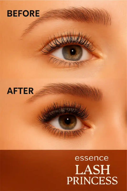 Voor en na resultaat van Essence Lash Princess Mascara met zichtbaar vollere wimpers
