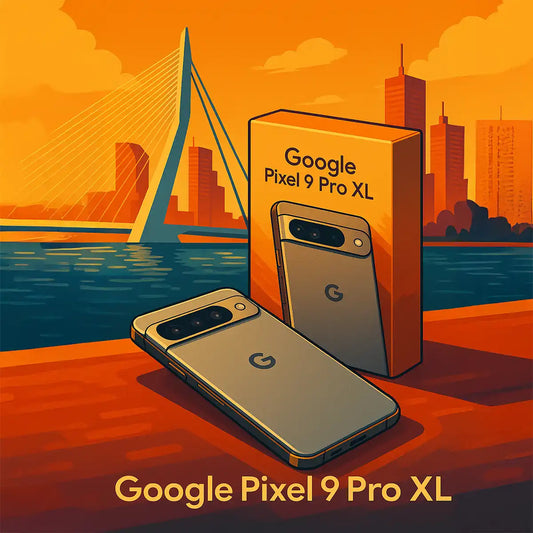 Google Pixel 9 Pro XL zwart met verpakking bij Rotterdam Erasmusbrug