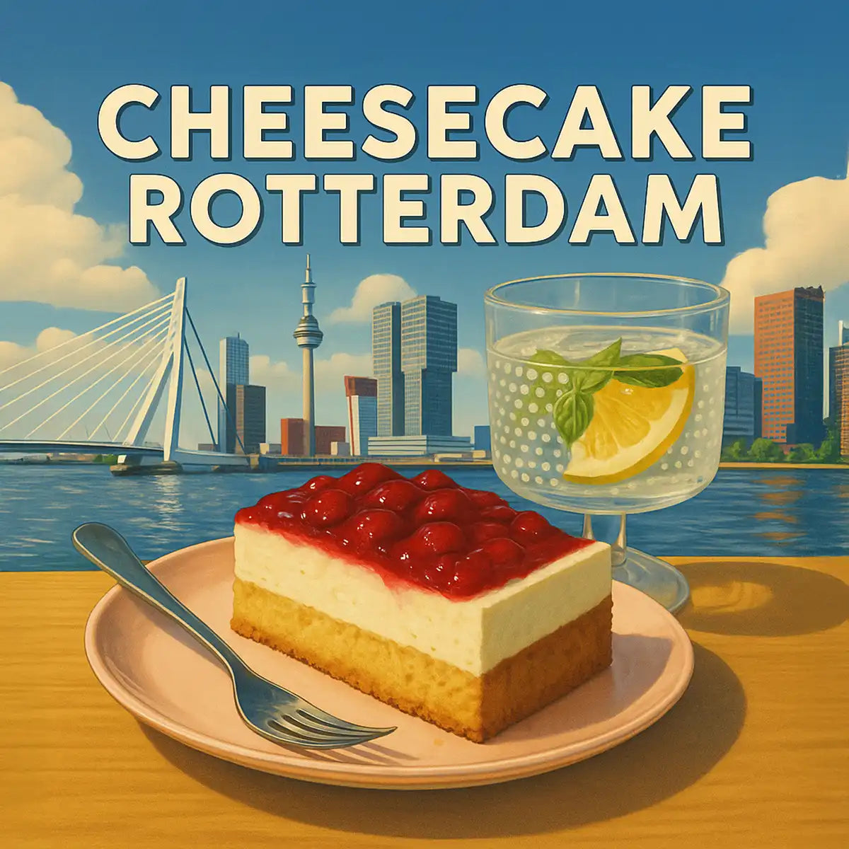 Hema cheesecake citroen meringue met skyline Rotterdam en Erasmusbrug op de achtergrond