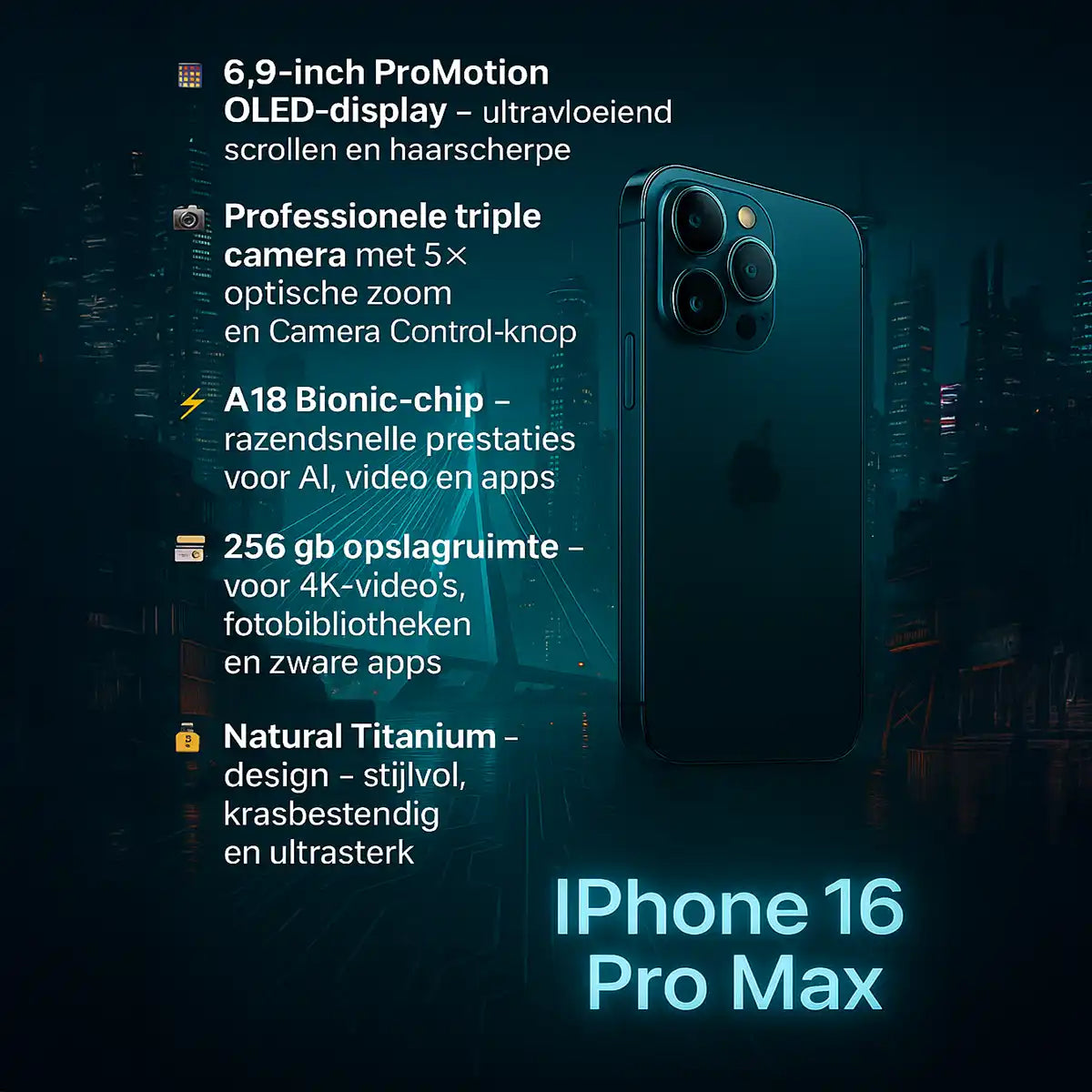 Infographic iPhone 16 Pro Max met specs zoals AI-chip, 5× zoom camera en titanium design