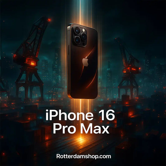 iPhone 16 Pro Max zwevend in Rotterdam haven met industriële skyline en kranen op achtergrond
