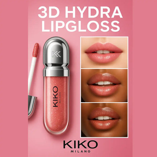 KIKO Milano 3D Hydra Lipgloss in koraalroze tint met applicator en lipresultaten