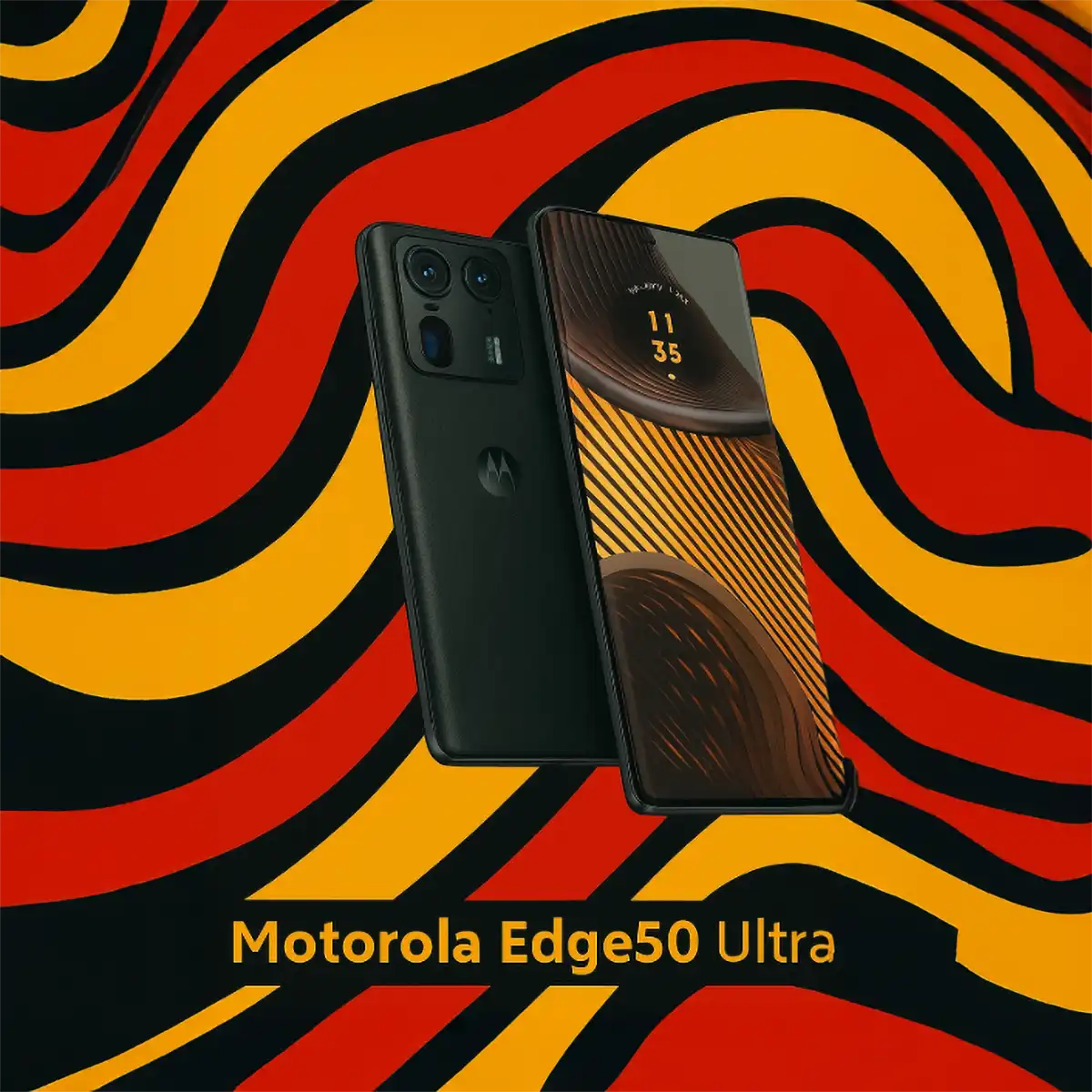 Motorola Edge 50 Ultra zwart op retro oranje achtergrond, premium smartphone Rotterdam