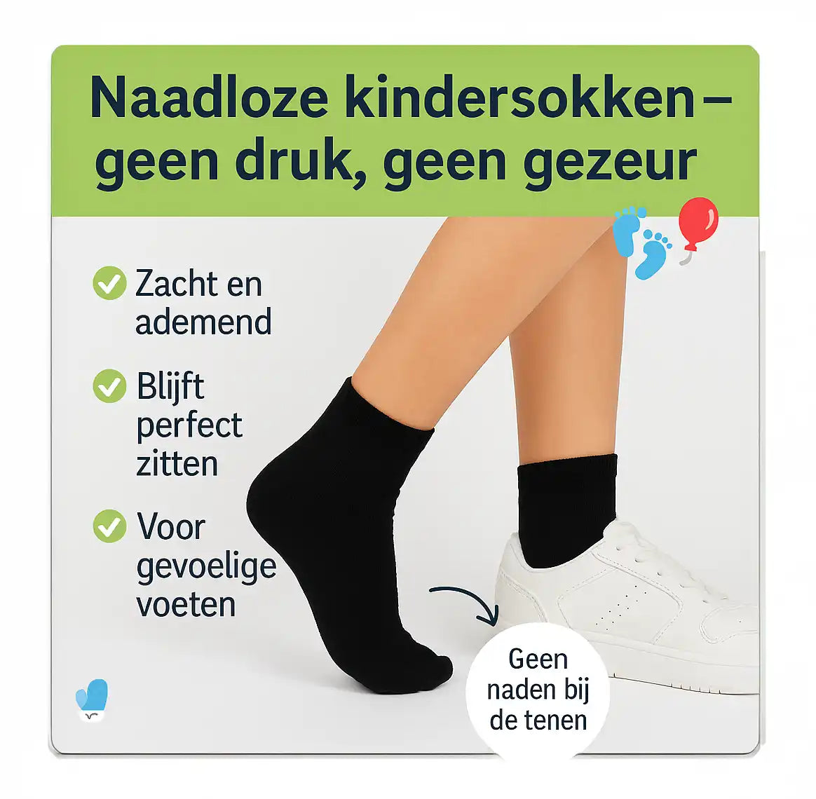 Kind draagt zwarte naadloze kindersokken van katoen – geen druk of naden, perfect comfort
