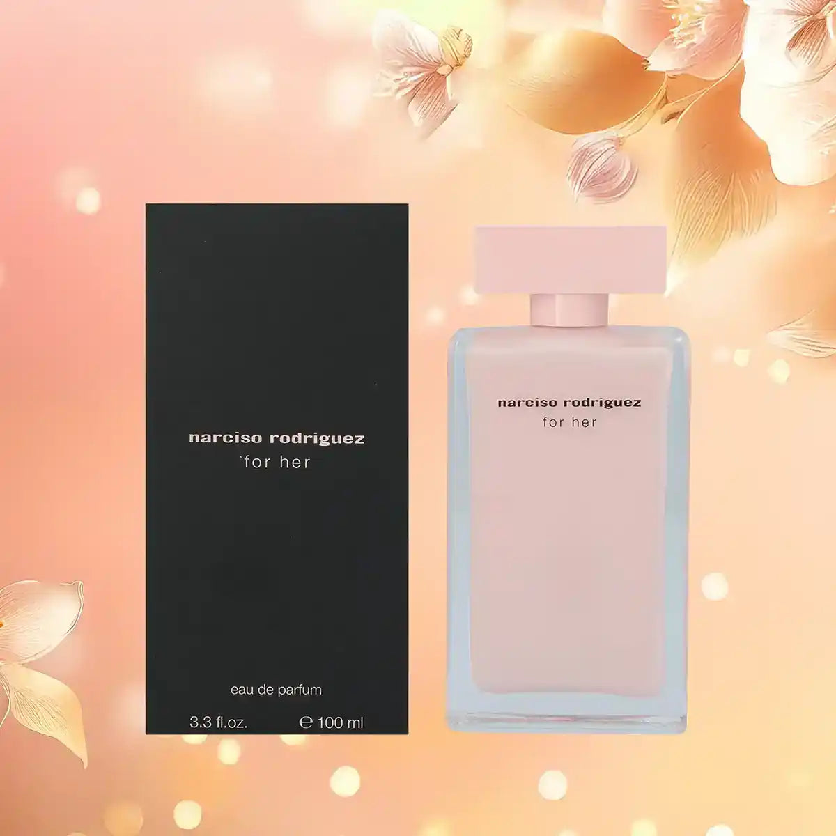 Narciso Rodriguez For Her aanbieding - Eau de parfum 100 ml flacon met roze en gouden achtergrond