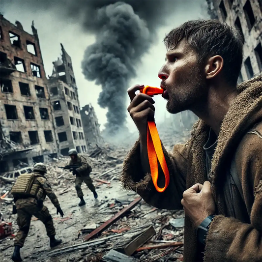 Man blaast op oranje noodfluitje met nekkoord in oorlogsgebied, rook en soldaten op de achtergrond