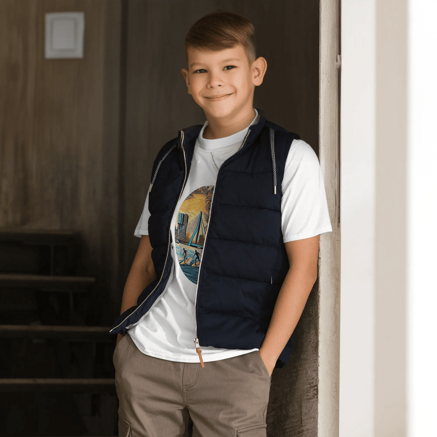 Teener jongen in wit Rotterdam Surfen T-shirt met