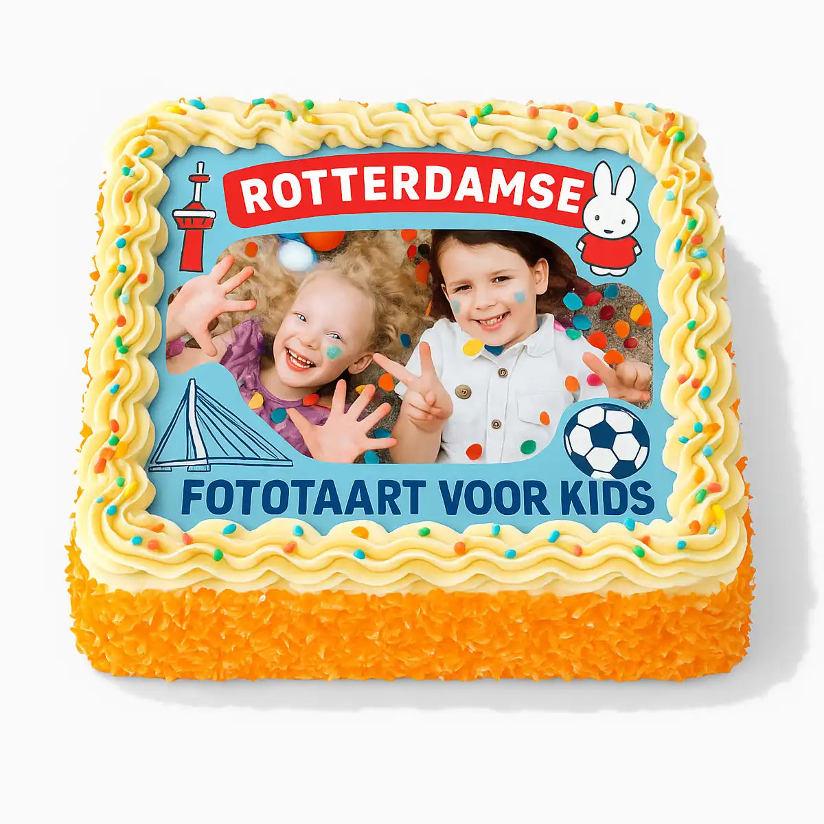 Rotterdamse fototaart voor kinderen met eigen foto, oranje taartbodem en kinderthema decoratie