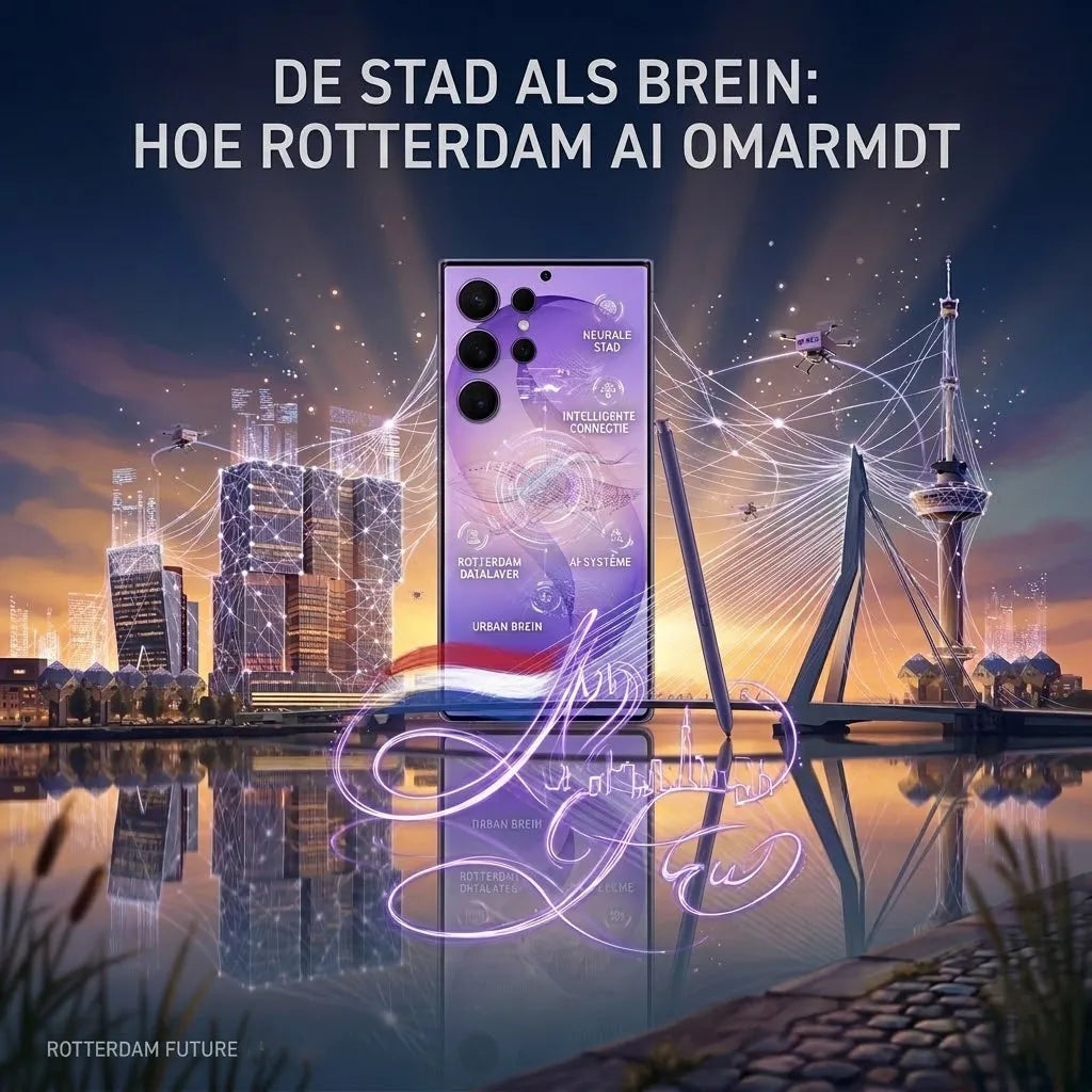 Samsung Galaxy S26 Ultra Cobalt Violet met Rotterdam skyline Erasmusbrug en AI neurale netwerk illustratie
