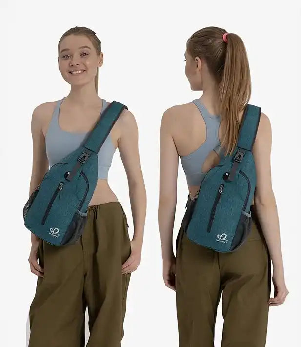 Dames draagt blauwe crossbody schoudertas, anti-diefstal rugzak voor reizen