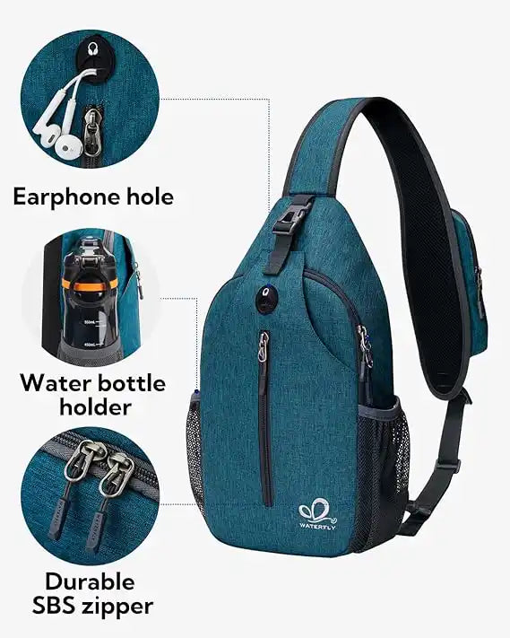 Blauwe crossbody tas, anti-diefstal rugzak met oortelefoonopening en fleshouder