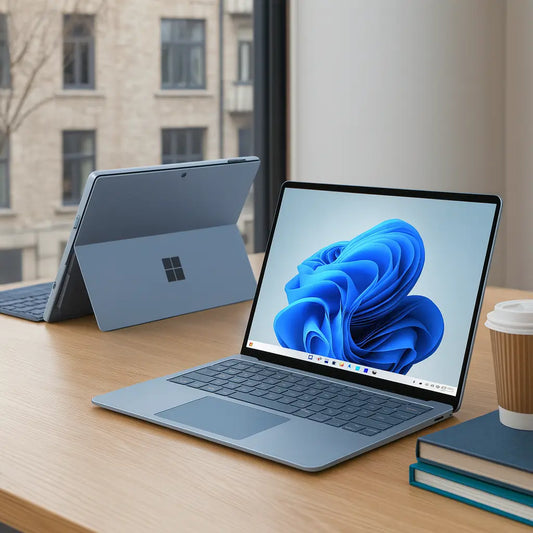 Microsoft Surface Laptop Go productfoto met Erasmusbrug Rotterdam op de achtergrond