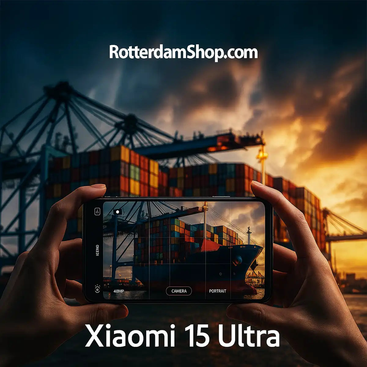 Xiaomi 15 Ultra smartphone maakt foto van containerschip in Rotterdamse haven bij zonsondergang