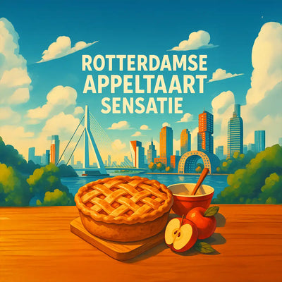 Appeltaart op tafel met skyline Rotterdam en Erasmusbrug, Rotterdamse appeltaart sensatie blog illustratie