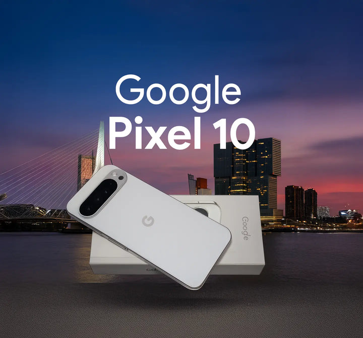Google Pixel 10 wit smartphone Rotterdam Erasmusbrug achtergrond Nederlandse winke