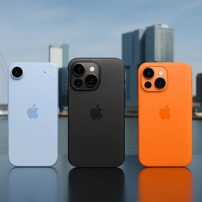 iPhone 17 lineup Air Pro en Pro Max naast elkaar met skyline Rotterdam Erasmusbrug