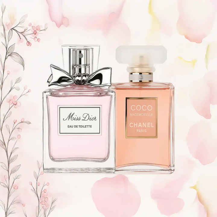Miss Dior en Coco Mademoiselle parfumflacons naast elkaar op zachte bloemige achtergrond.