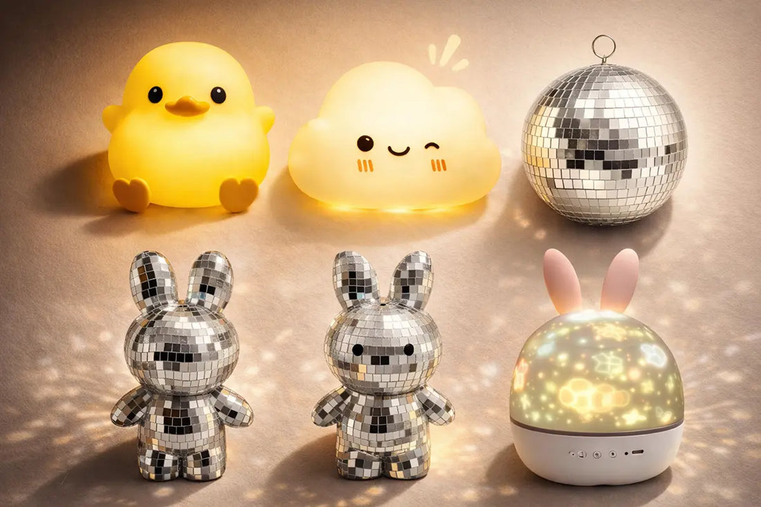 Nijntje discobal en 5 andere leuke kinderlampjes: eendenlamp, wolklampje, discobal, disco konijn en sterrenhemel projector voor de kinderkamer