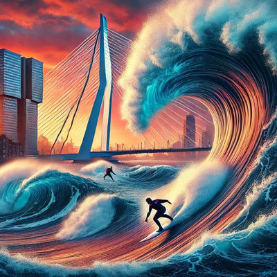 Spectaculaire illustratie van twee surfers op de Maas in Rotterdam met de Erasmusbrug en zonsondergang op de achtergrond