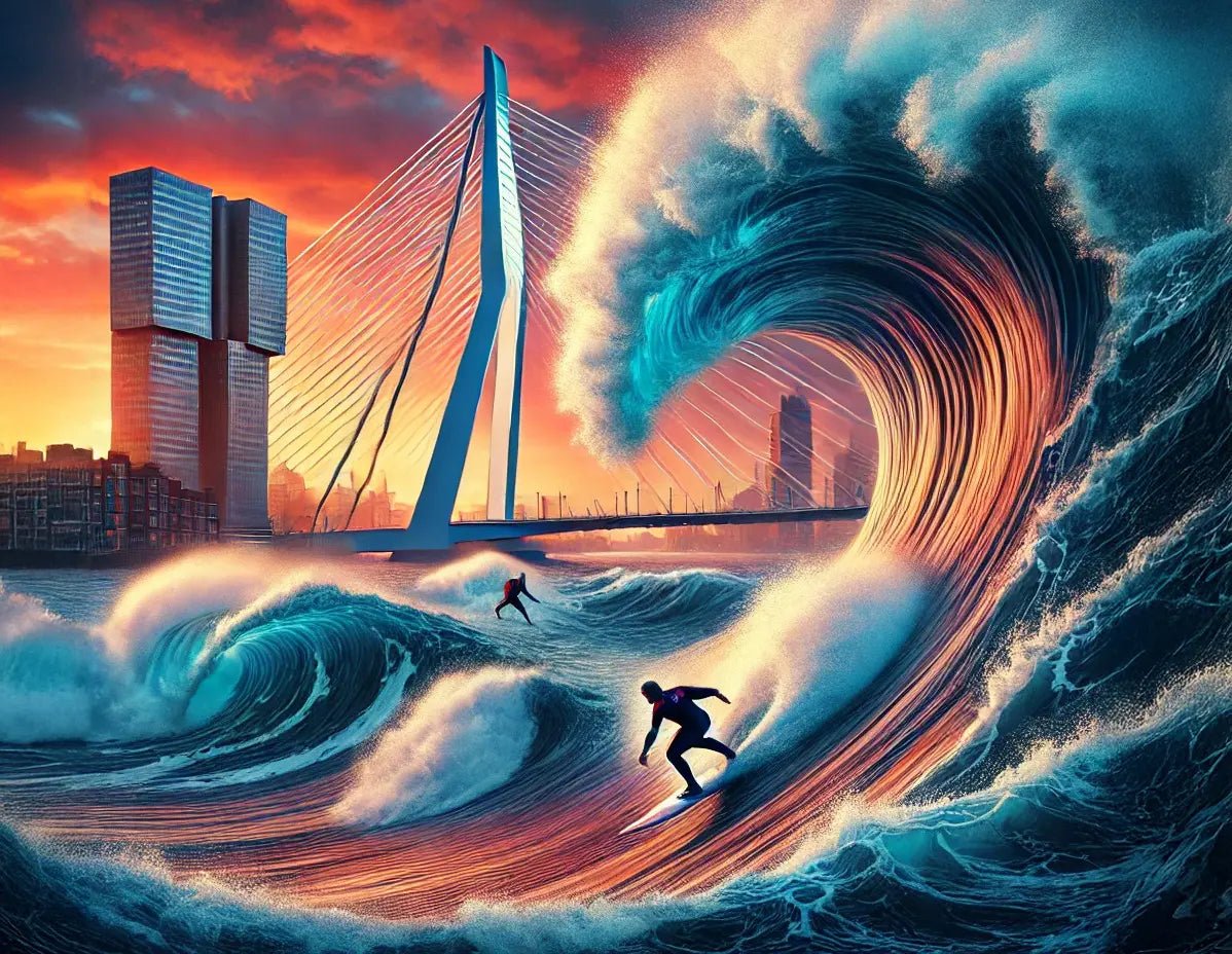 Spectaculaire illustratie van twee surfers op de Maas in Rotterdam met de Erasmusbrug en zonsondergang op de achtergrond