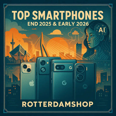 AI smartphone illustratie met Rotterdam en topmodellen uit 2025 en 2026