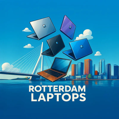 Moderne laptops tegen de iconische Erasmusbrug in Rotterdam, professionele productfoto