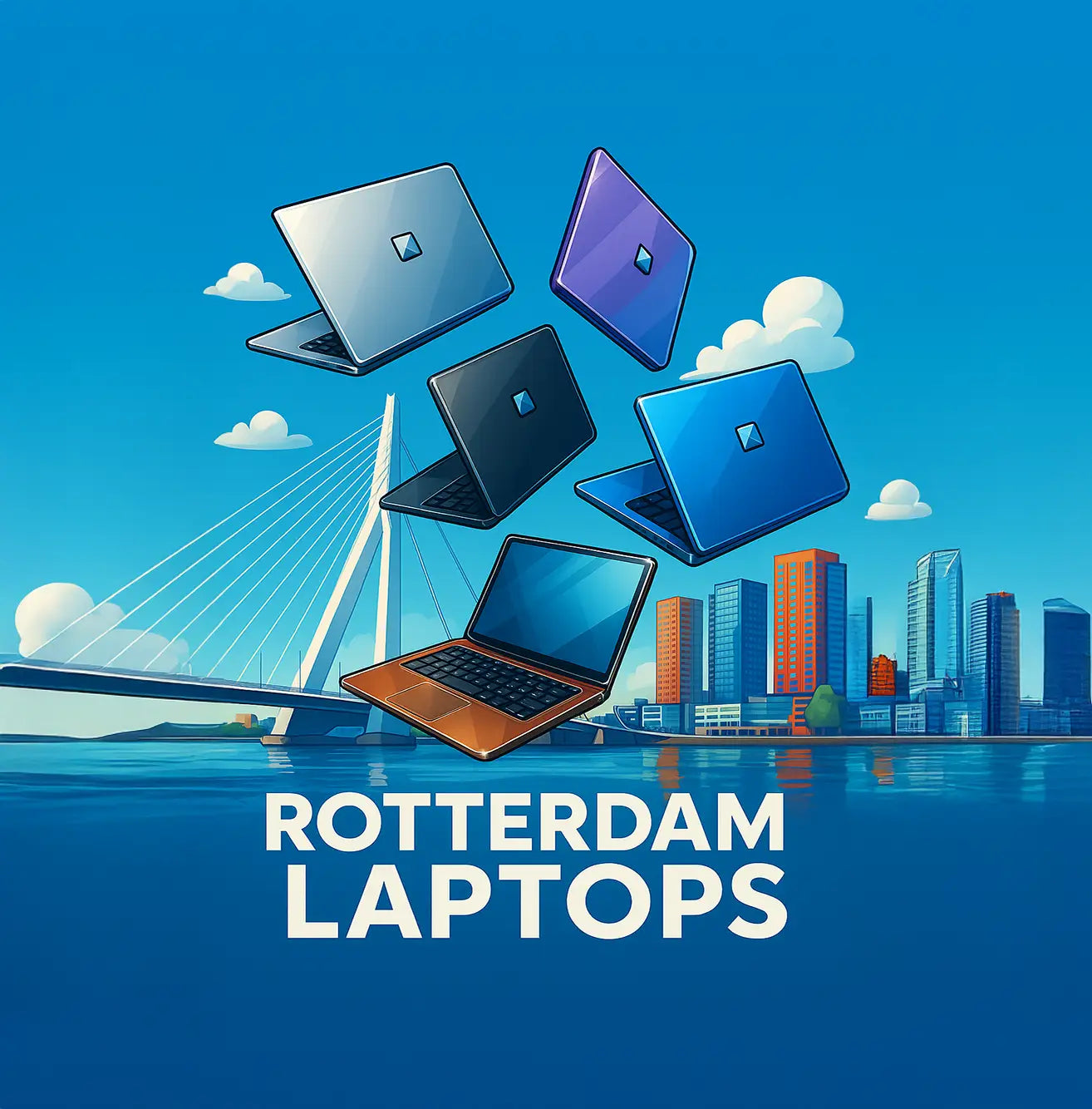 Moderne laptops tegen de iconische Erasmusbrug in Rotterdam, professionele productfoto