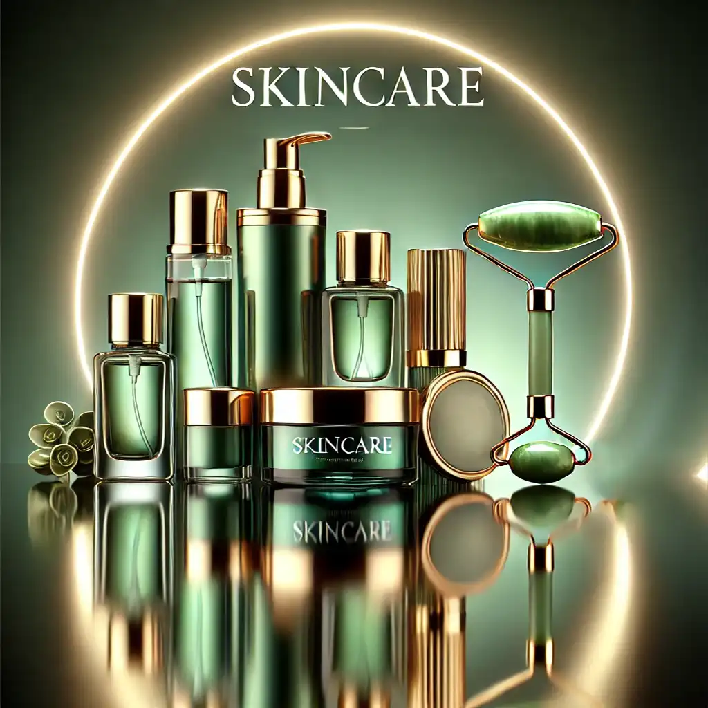 Luxe skincare producten op een spiegelend oppervlak met een groene en gouden achtergrond.