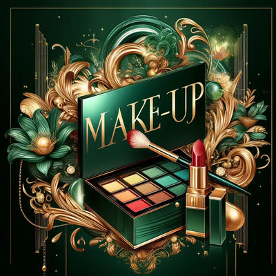 Elegante make-up illustratie met oogschaduwpalet, lipstick, kwast en gouden bloemen op een groene achtergrond