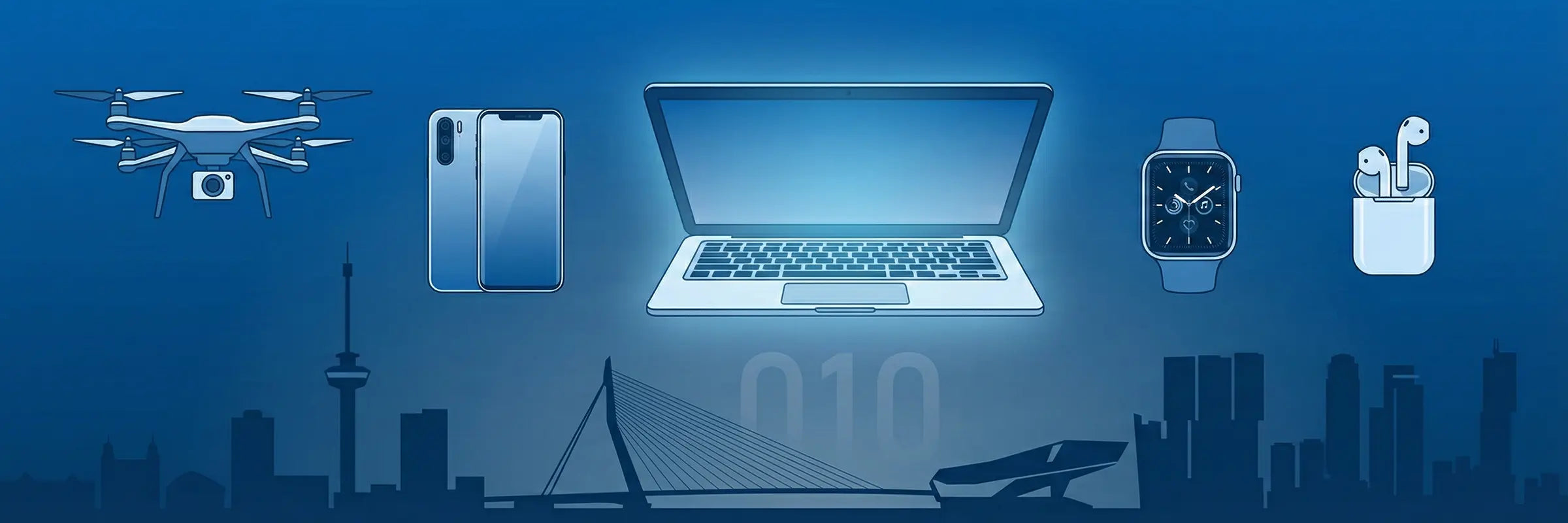 Rotterdam Tech & Gadgets - smartphones, laptops, drones en smartwatches met Rotterdamse skyline