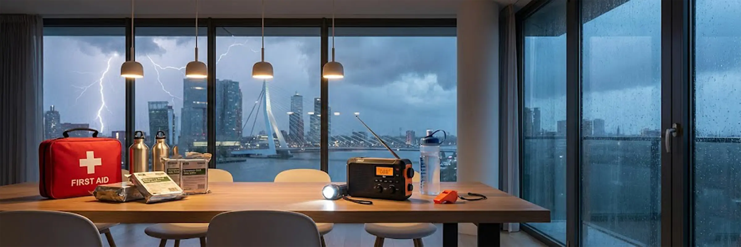 Emergency noodpakket rugzak met survival gear en GPS - Rotterdam Erasmusbrug en Maas op achtergrond