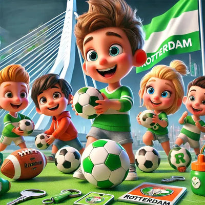 Kinderen met voetbal en Rotterdam-gadgets – sportieve kindercadeaus en voetbalaccessoires