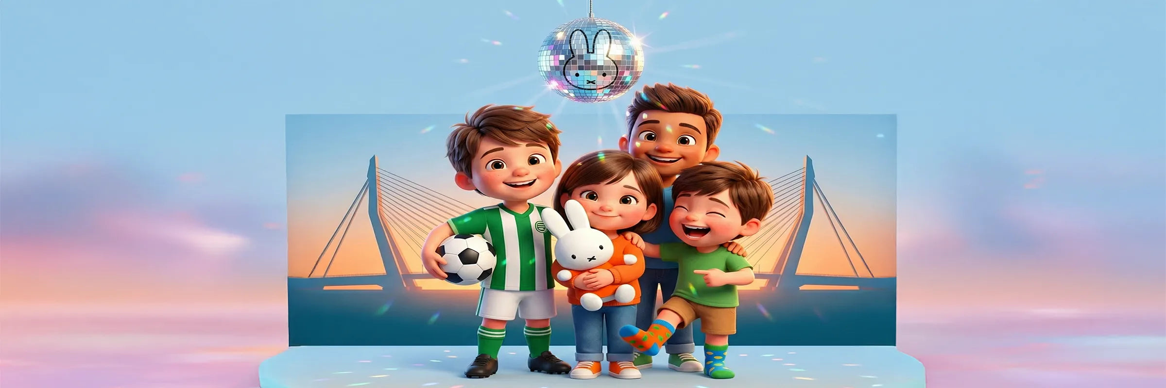 Rotterdam Kids collectie - kinderen met Nijntje, voetbal en kleurrijke sokken bij de Erasmusbrug