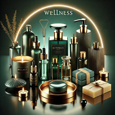 Luxueuze wellnessproducten zoals geurkaarsen, zeep, diffusers en essentiële oliën in een elegant groen-goud design