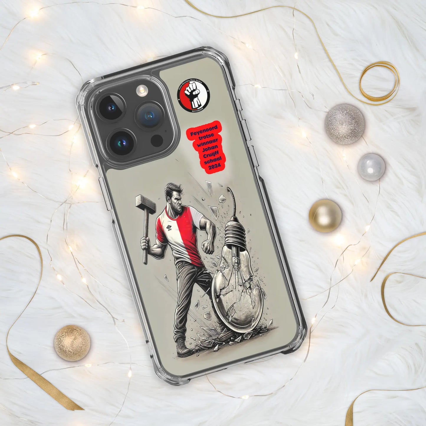 Feyenoord Johan Cruijff Schaal 2024 iPhone telefoonhoesje op witte ondergrond met kerstversiering.