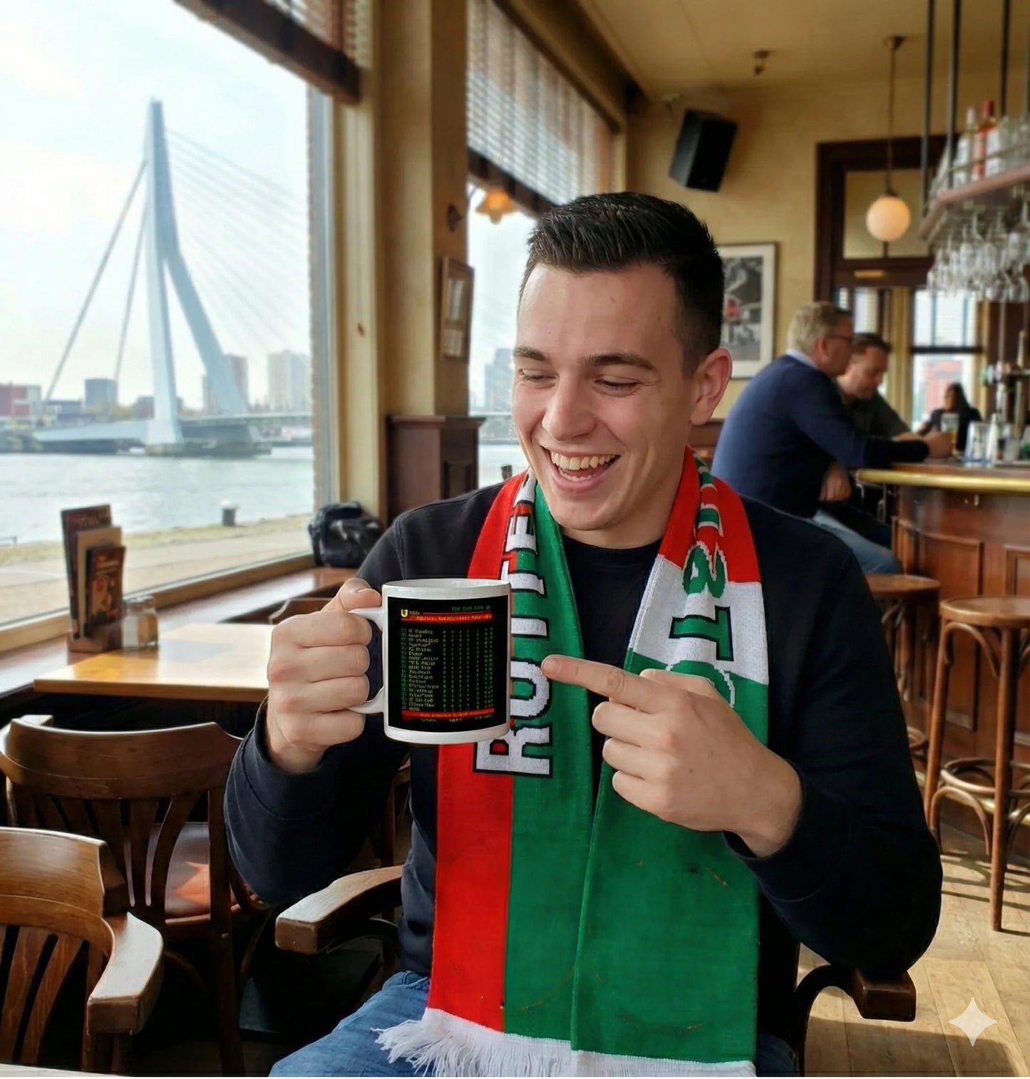 Anti Ajax mok Feyenoord supporter lacht met teletekst Champions League stand - Ajax laatste - Rotterdam café Erasmusbrug