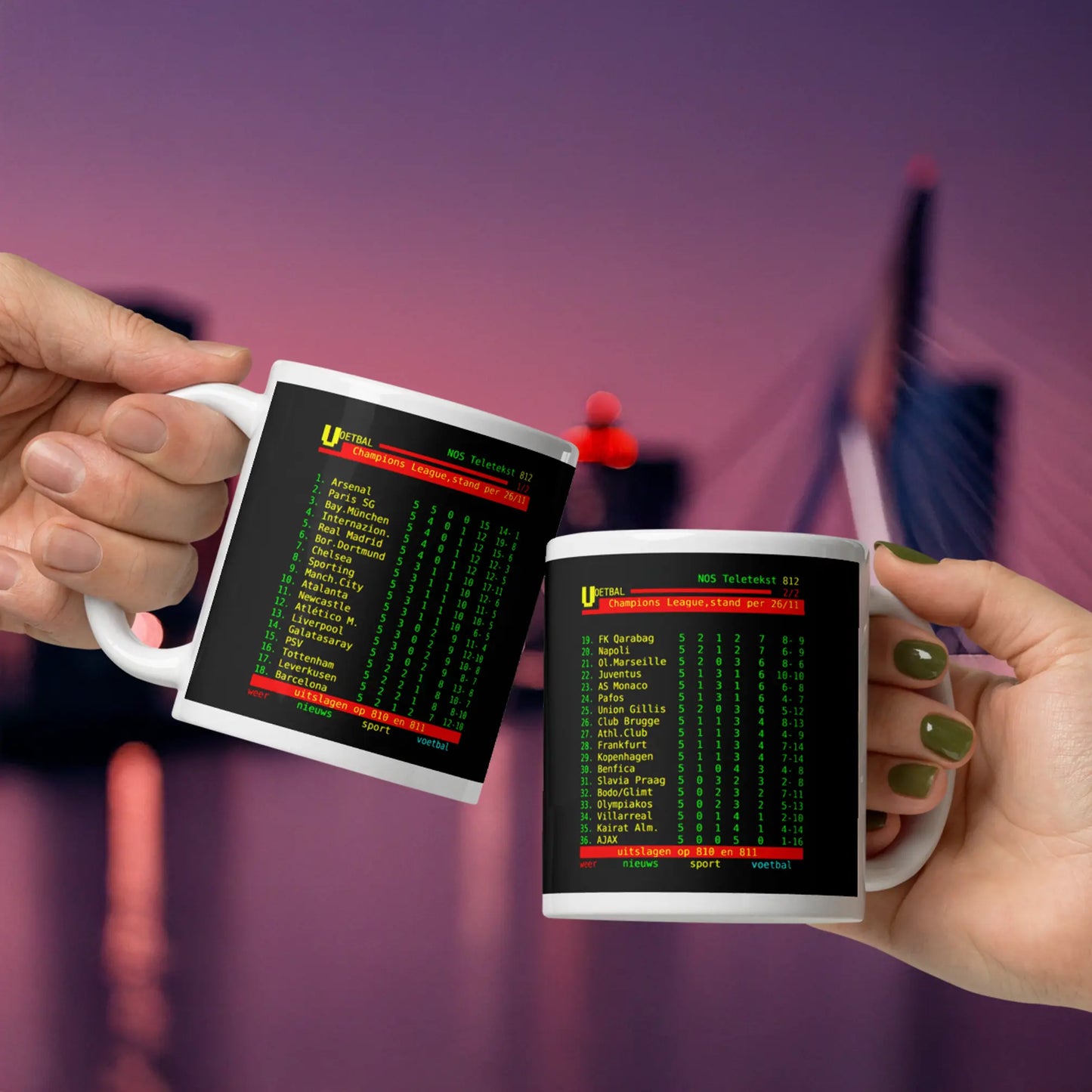 Ajax hekkensluiter Champions League mok met teletekst stand - 0 punten uit 5 - Rotterdam cadeau