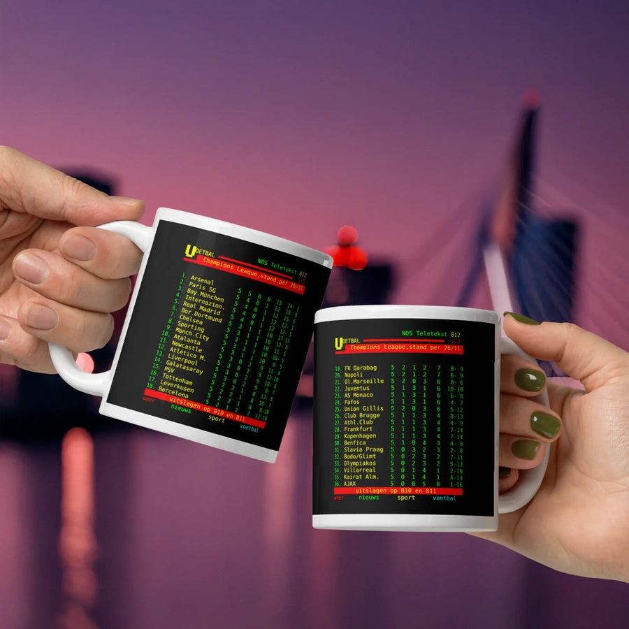 Ajax hekkensluiter Champions League mok met teletekst stand - 0 punten uit 5 - Rotterdam cadeau