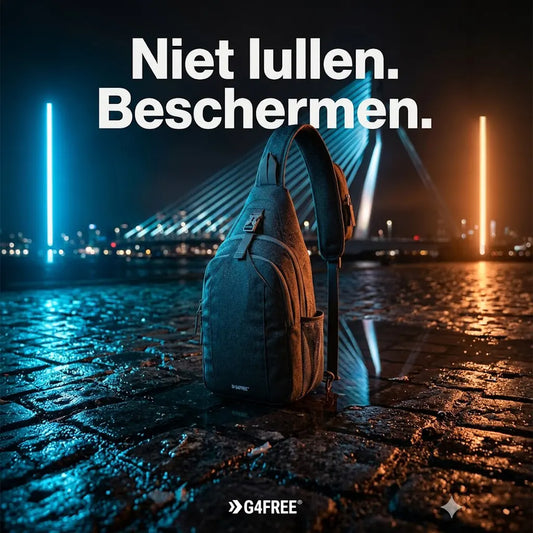 G4Free anti-skim sling bag op Rotterdamse kade bij nacht met Erasmusbrug – Niet lullen. Beschermen.