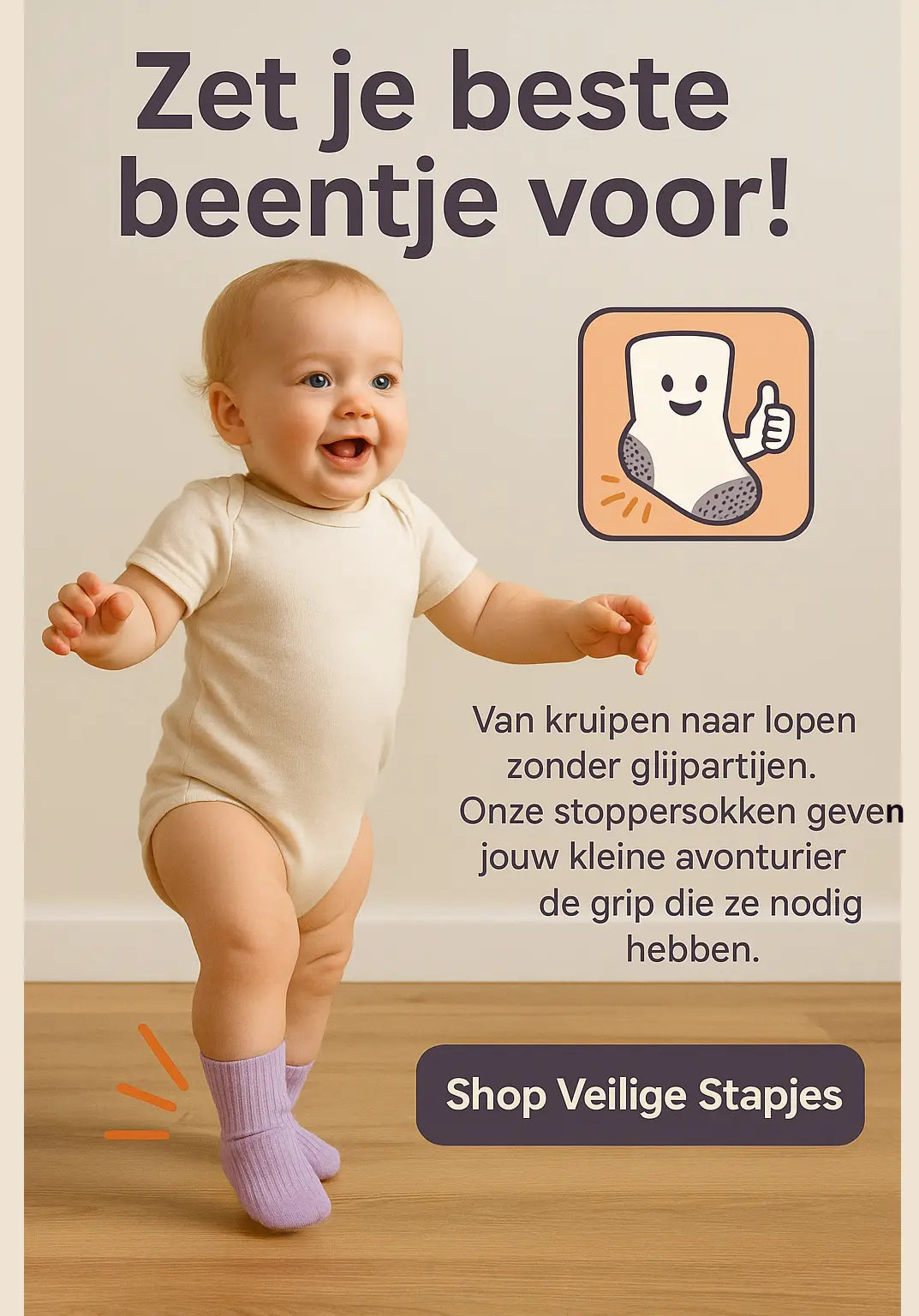 Baby leert lopen met antislip sokken stoppers — veilige eerste stapjes