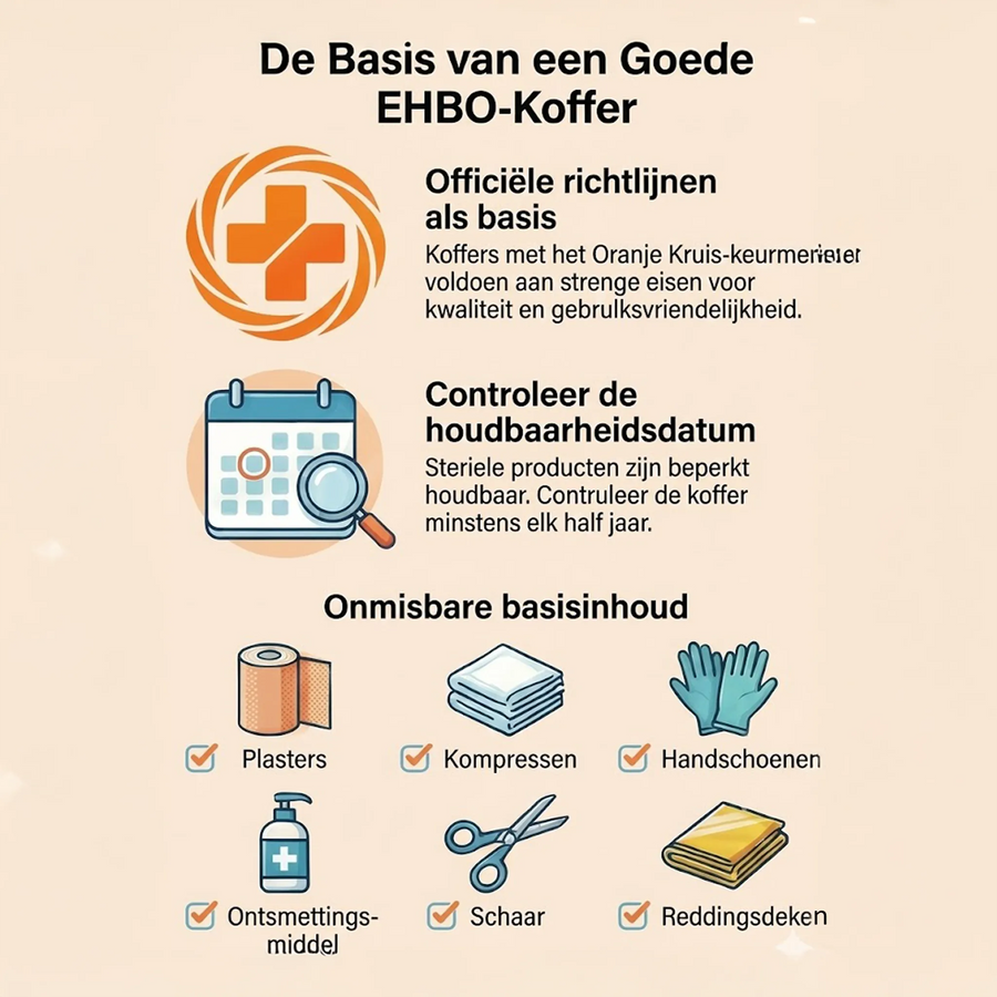 Infographic EHBO-koffer basisinhoud: pleisters, kompressen, handschoenen, schaar, reddingsdeken en ontsmettingsmiddel
