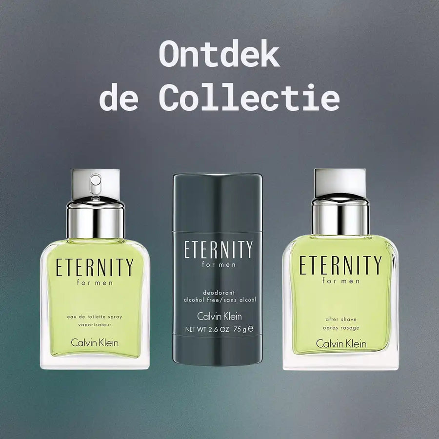 Calvin Klein Eternity for Men collectie met eau de toilette, deodorant en aftershave op luxe groene achtergrond