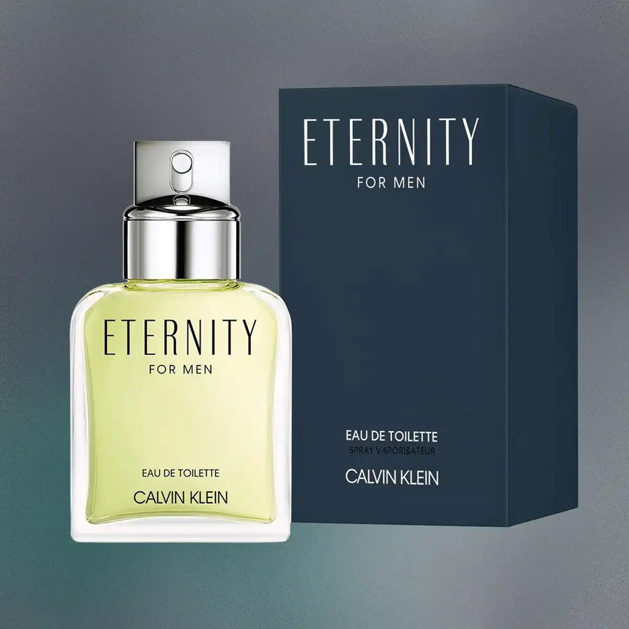 Calvin Klein Eternity for Men Eau de Toilette 30ml flesje met luxe verpakking op groene en zilveren achtergrond