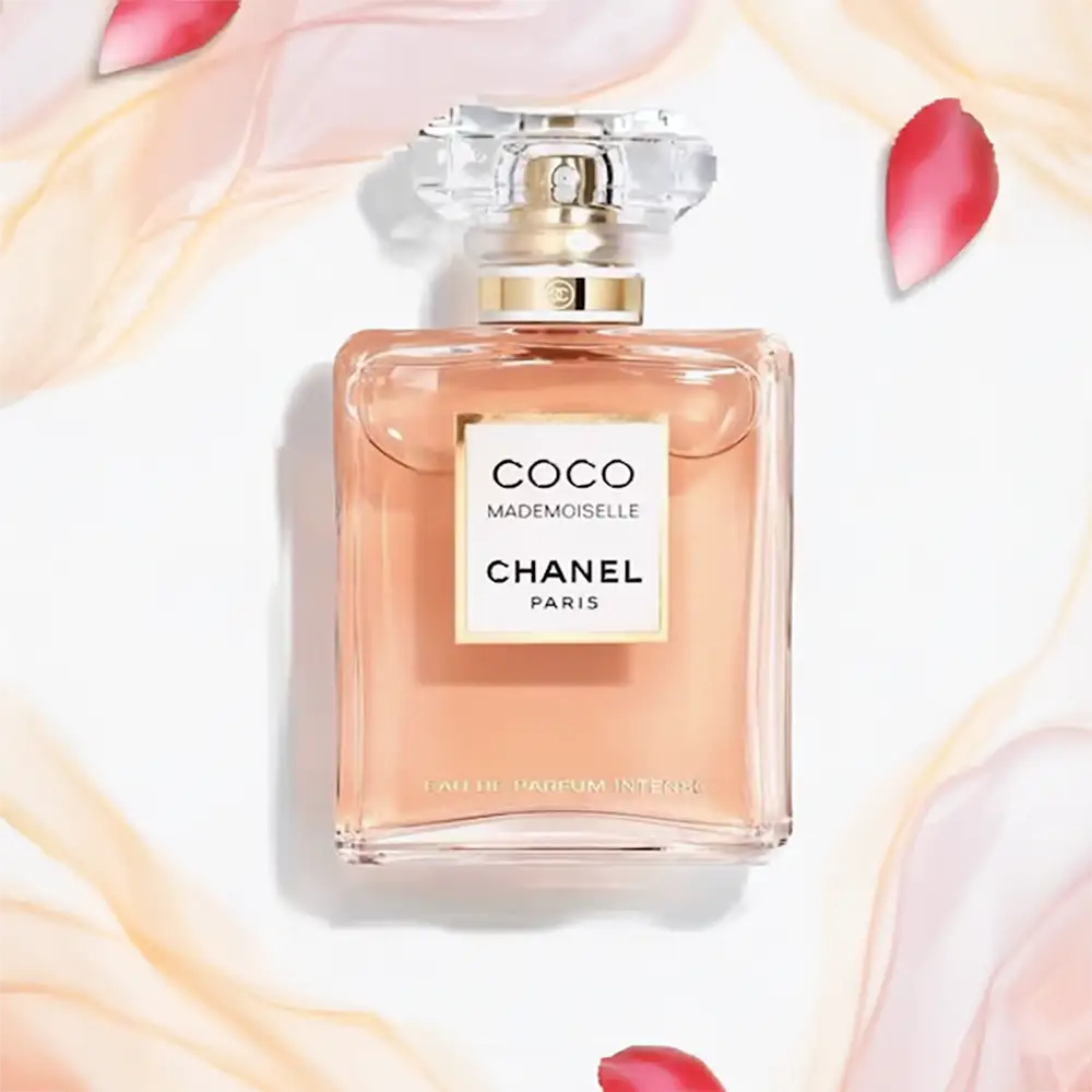 Chanel Coco Mademoiselle parfumfles 100 ml met gouden dop en zachte roze tinten