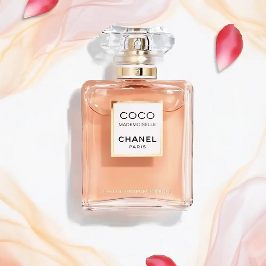 Chanel Coco Mademoiselle parfumfles 100 ml met gouden dop en zachte roze tinten